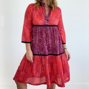 Warm NY Boho Cotton Mixed Print Tunic Dress Red & Purple Lightweight Size Small